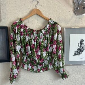 Bar III Green and White Pleated Blouse with Smocked Details